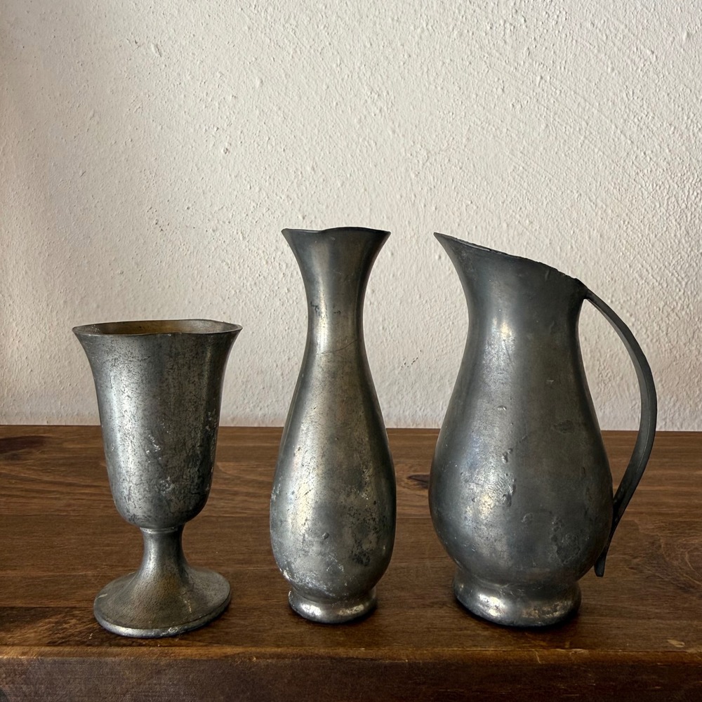 3pc Vintage Pewter Miniature Set Towle Chalice Royal Holland KMD Vase Pitcher